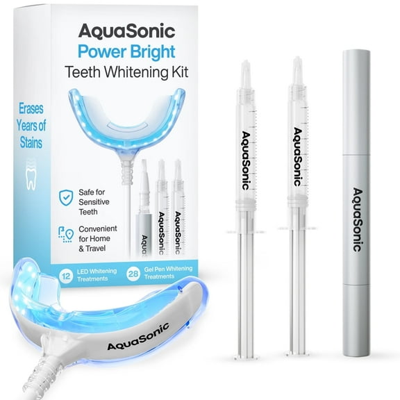 Aquasonic Power Bright Power Bright 3-in-1 Teeth Whitening Kit, LED Blue Light, Whitening Gel and Pen, Up to 10 Shades Brighter, Gentle for Sensitive Teeth
