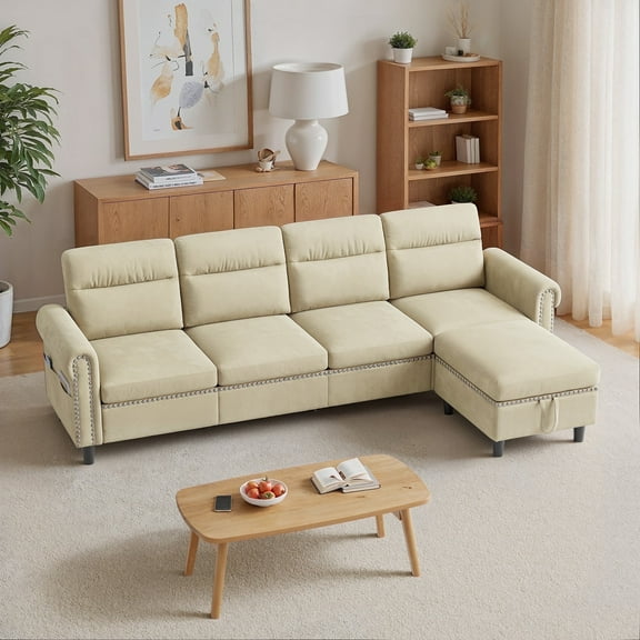 L Shaped Sectional Sofa Couch, 4 Seat Suede Fabric Modular Sofa with Storage Ottoman, Beige