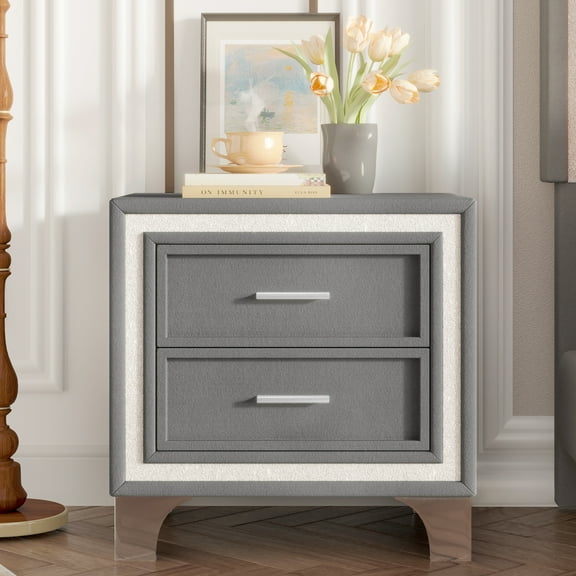 Youmumeub Velvet Nightstand with 2 Drawers and Silver Glitter Strip, Metal Legs, Gray Finish for Bedroom, Fully Assembled Except Legs/Handles