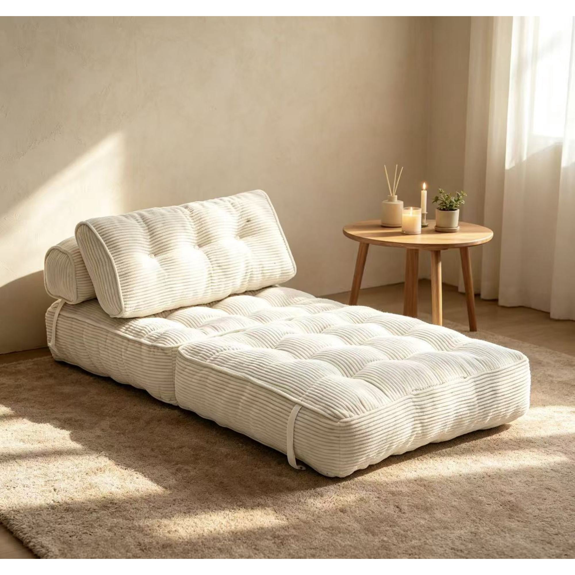 Leumius Folding Sofa Bed, Convertible Sleeper Chair with Pillow Foldable Mattress with Back Support, Portable Fold Out Chair Bed Comfy Floor Sofa Lounge for Living Room Bedroom Beige
