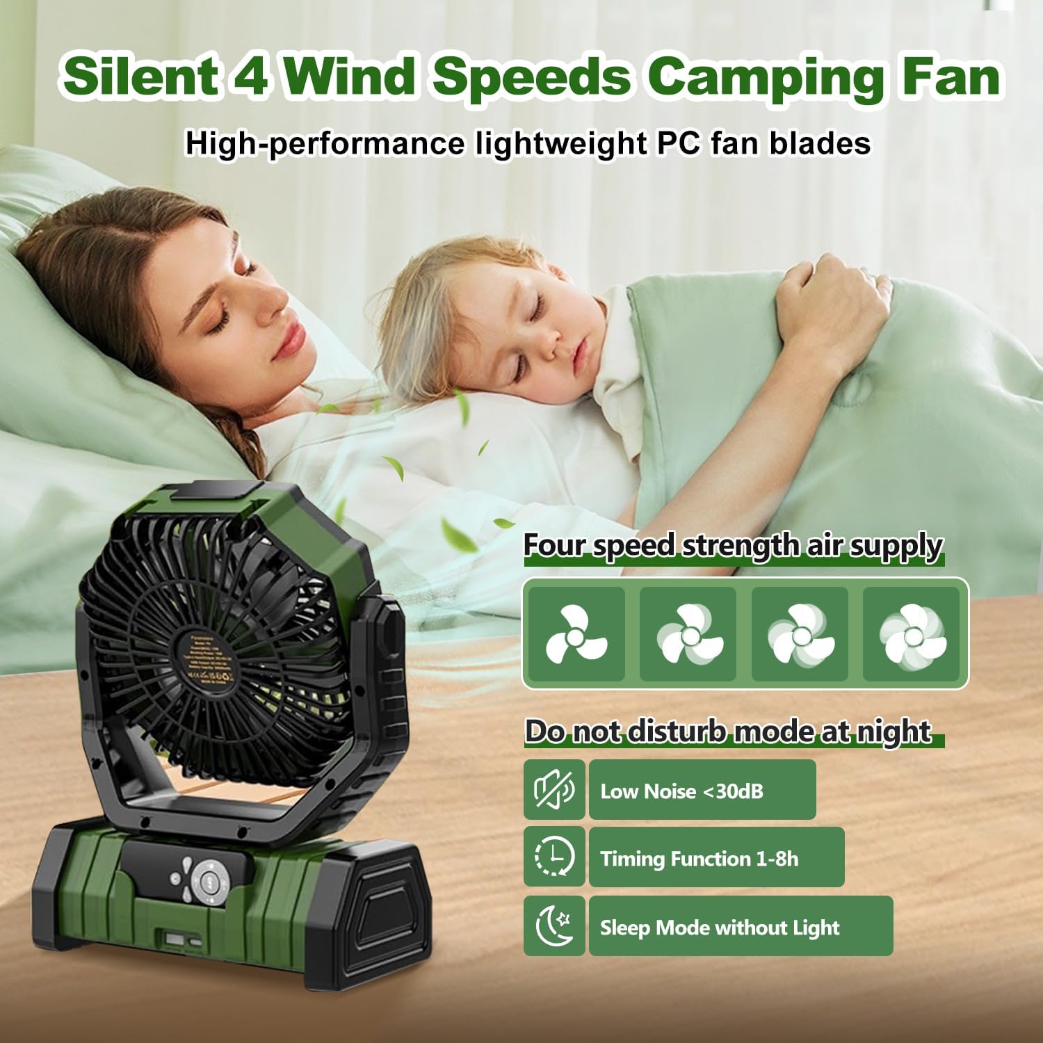Camping Fan Rechargeable, F6 20000mAh Portable Outdoor Fan with LED Lantern, Cordless Battery Powered Operated , 360 °   Hanging Hook , 4 Speeds Desk Fan for Travel , Tent , Fishing , Beach (Green)