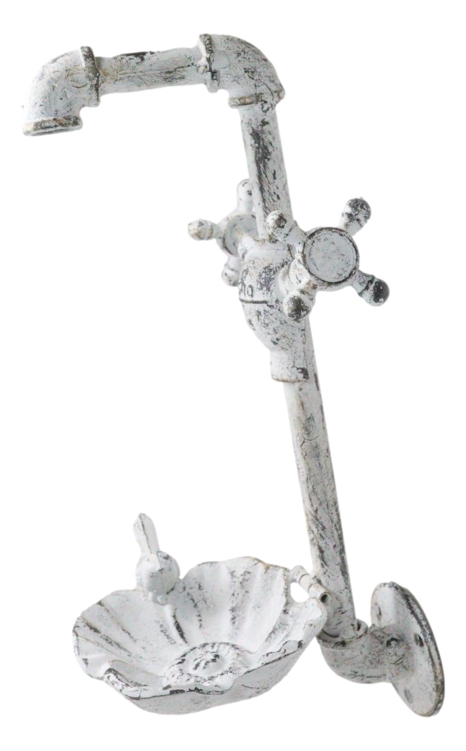 Cast Iron Antiqued White Spigot Faucet Bird On Flower Wall Bird Feeder Bath 16"H