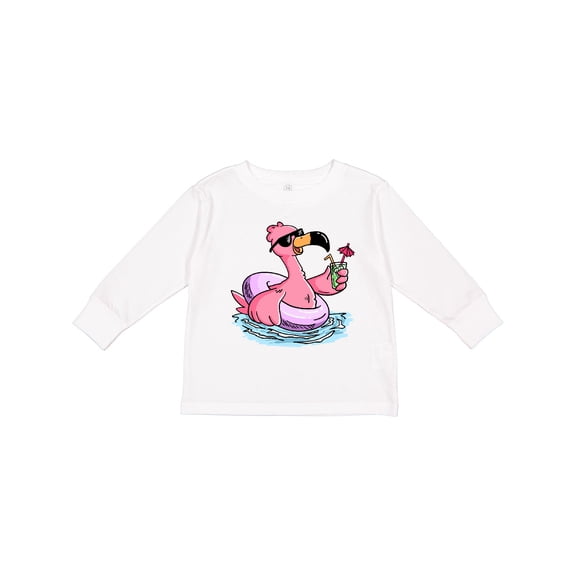 Inktastic Flamingo with Sunglasses Pool Float and Drink Boys or Girls Long Sleeve Toddler T-Shirt