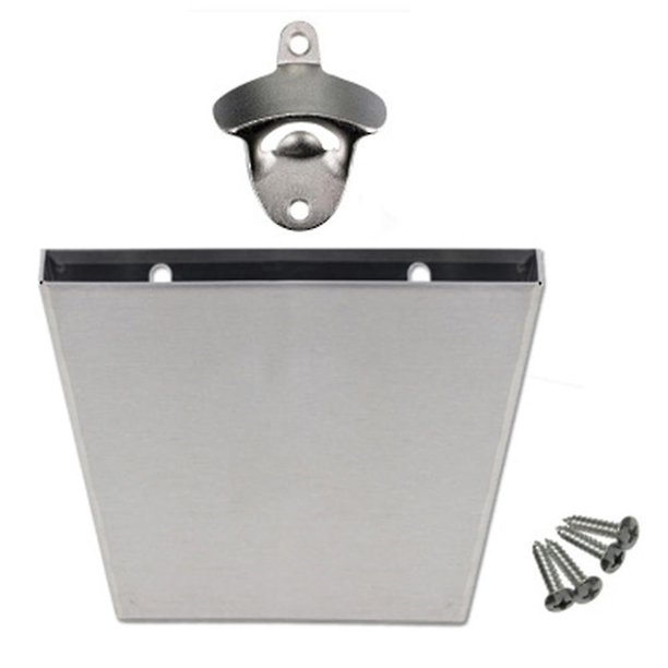 Abrebotellas de montaje en pared con recipiente colector de tapas de acero con capacidad para hasta 75 tapas