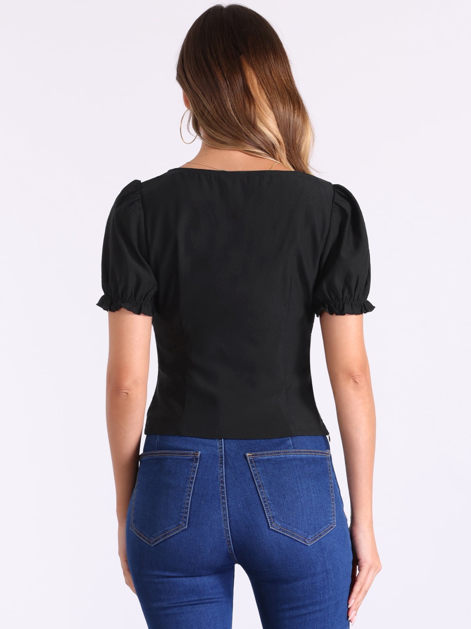 DARING DIVA Women's Square Neck Puff Sleeve Victorian Vintage Top L Black
