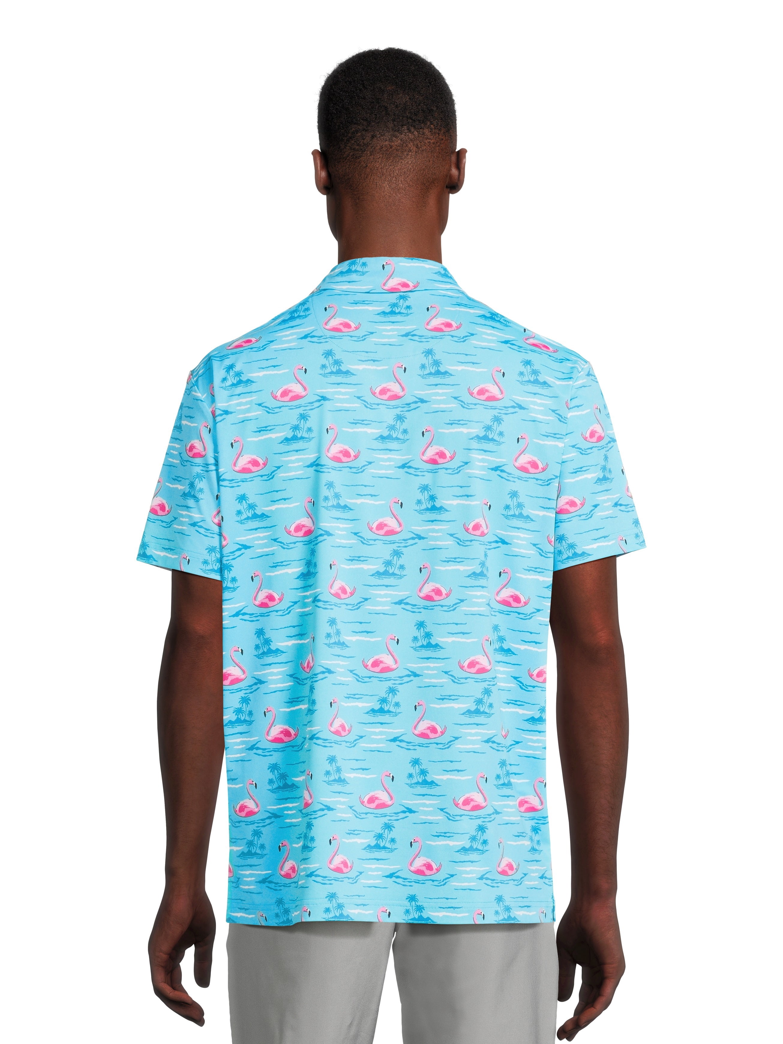Birdie Bound Men's and Big Men's Graphic Flamingo Print Golf Polo Shirt, Sizes S-3XL