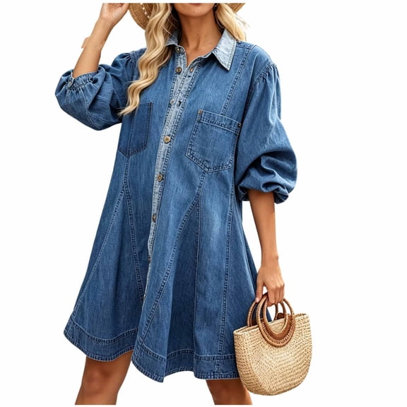 WRFWUL Womens Vintage Washed Denim Shirt Dress Long Balloon Sleeve Button Down A Line Swing Ruffle Jean Dress with Pockets