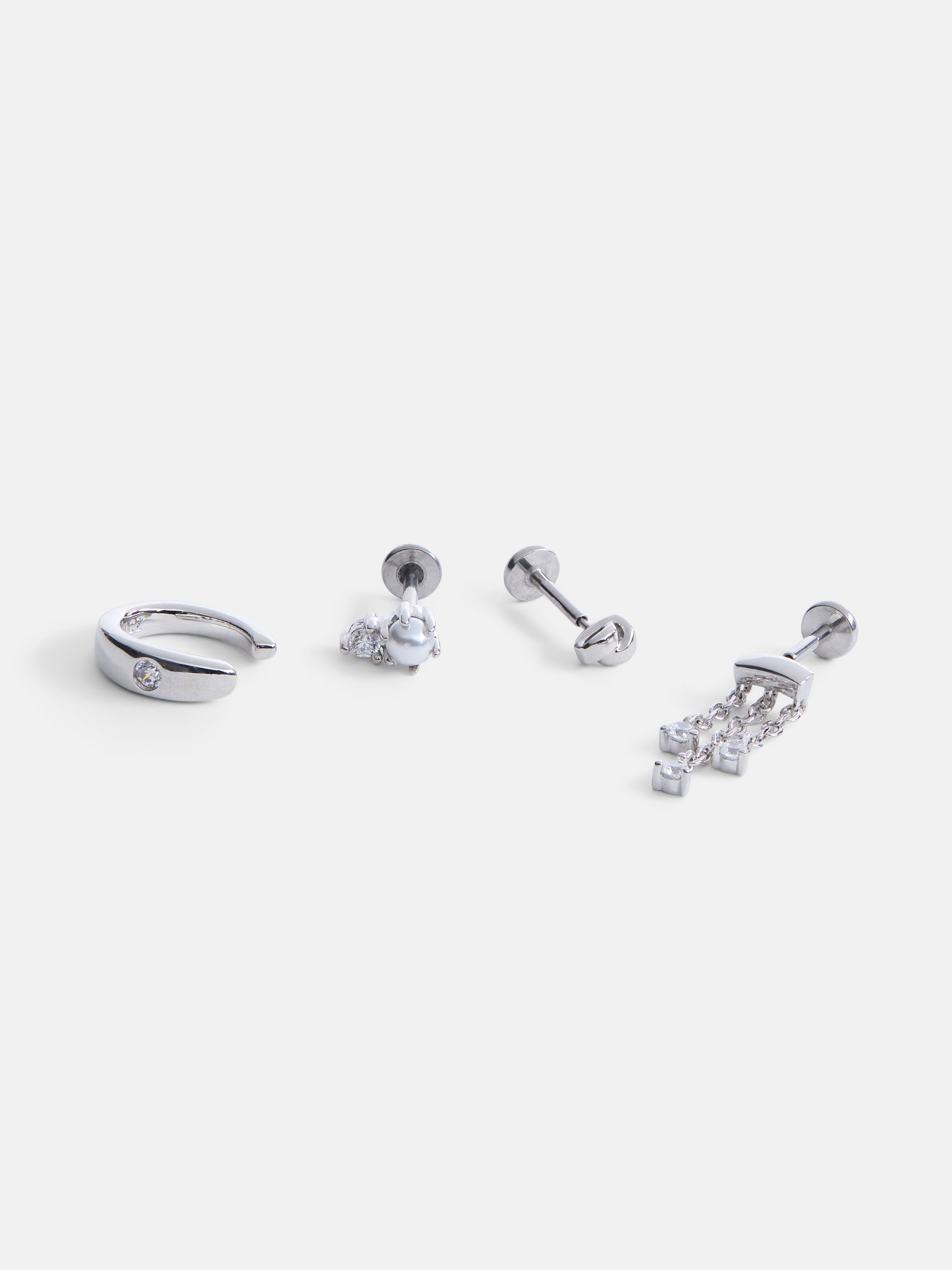 Free Assembly Women's Demi Fine Silver Plated Cubic Zirconia Single Earrings and Cuff Set, 4-Piece