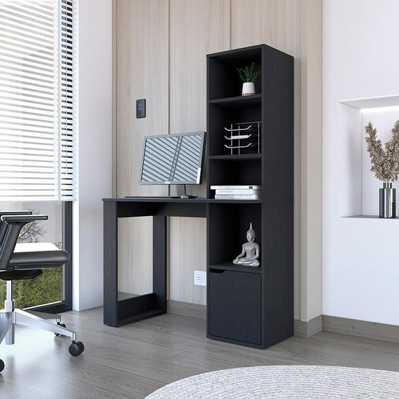 We Have Furniture Office Desk Aragon with Four-Tier Bookcase, Black Wengue Finish