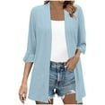 thumbnail image 2 of BiZtdJrK Womens Ruffles 3/4 Sleeve Cardigans Casual Textured Open Front Shrugs Jacket Lightweight Loose Beach Cover Ups Light Blue M Mothers Day Gifts, 2 of 9