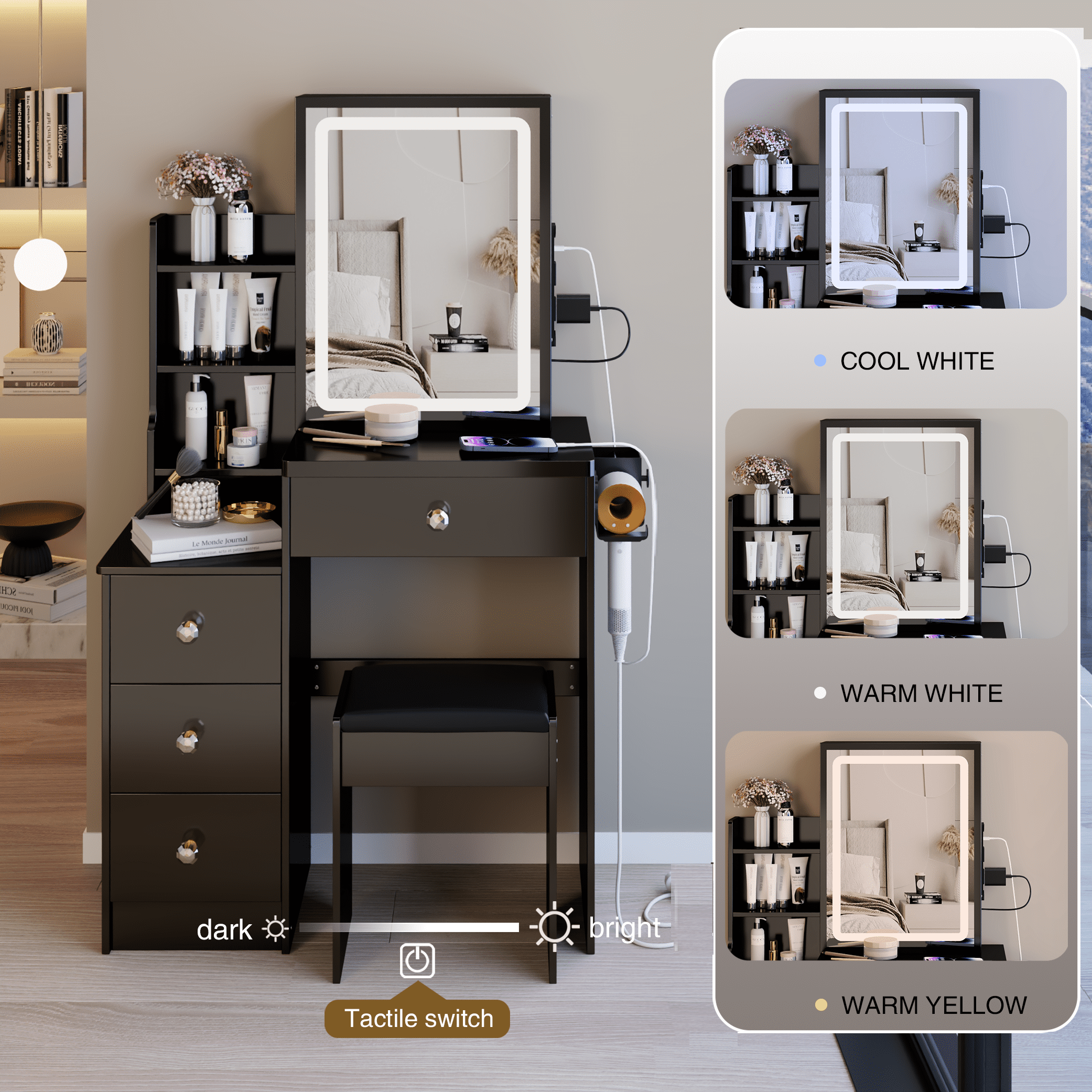 29.2" Small Size Left Bedside Cabinet Vanity Table + Cushioned Stool, 2 AC+2 USB Power Station, Hair dryer bracket, Extra Large Touch Control Sliding LED Mirror, Tri-color Switching
