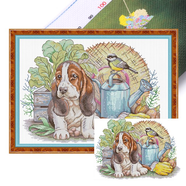 Kit Punto Cruz Con Cachorro Hilo Algodón Ecológico Bordado Parcial 14CT 42x32cm