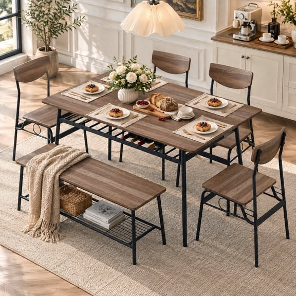 Ktaxon Mid-Century Modern Dining Room Set for 6, Rectangle Kitchen Table Set with 4 Chairs and 1 Bench, Dining Table for 6 with Storage, Natural Color