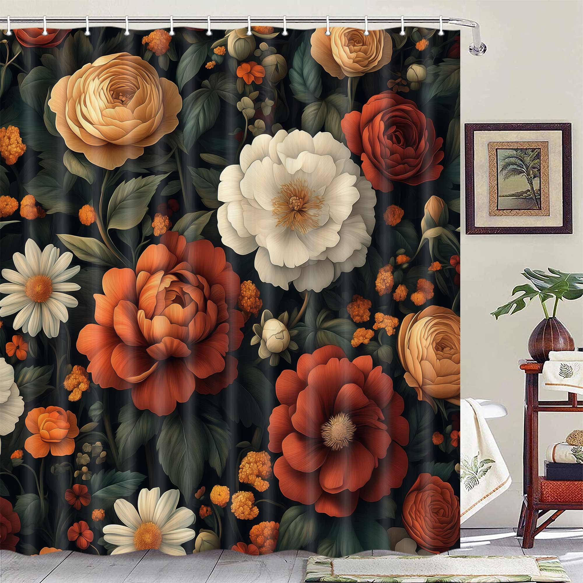 Floral Boho Shower Curtain, Black Abstract Bohemian Tropical Plant Red Orange White Flower Botanical Bathroom Curtains,Black Modern Aesthetic Leaves Fabric Shower Curtain with Hooks 72X84in