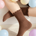 thumbnail image 3 of Girls Ruffle Crew Socks 4-Pack Soft Cotton Breathable Coffee Ribbed Stretchy Cute for School and Everyday Wear,Size 1 T, 3 of 9