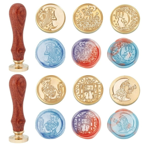 Wax Seal Stamp Kit 6 Pieces Cat Animal Patterns Series Sealing Wax Stamp Heads with 2 Wooden Handle Vintage Seal Wax Stamp Kit for DIY Cards Envelopes Invitations Decor