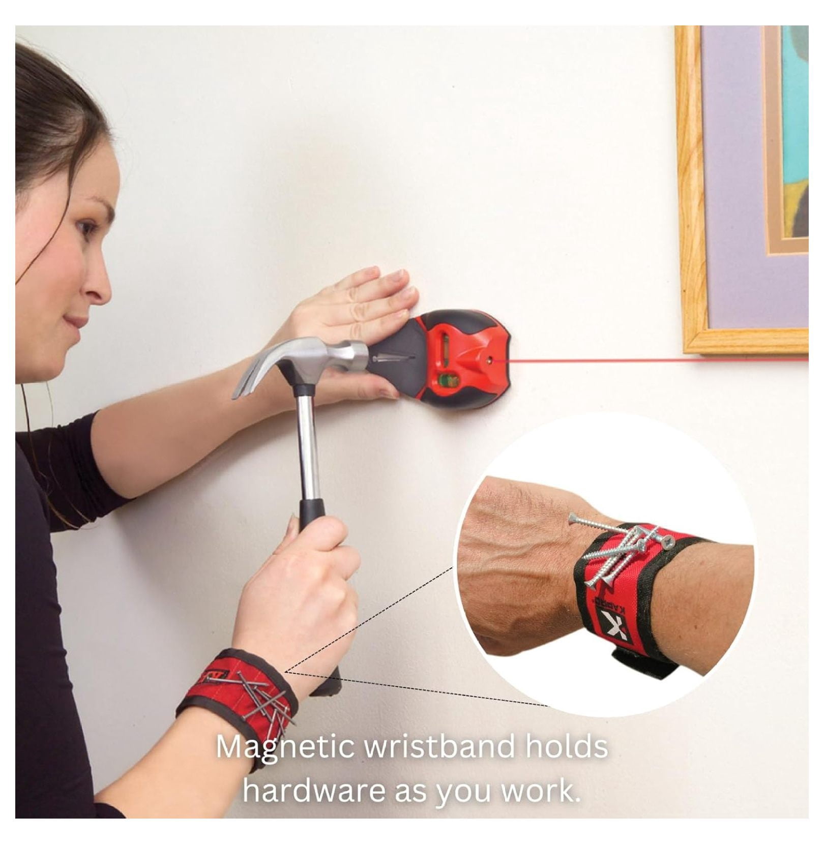 - 810 Prolaser Nail Gripper - Laser Level - with Magnetic Wristband, Built-in Nail Gripper & Pressure Activated On/Off - for Horizontal and Vertical Alignment - 20’ Range - Red