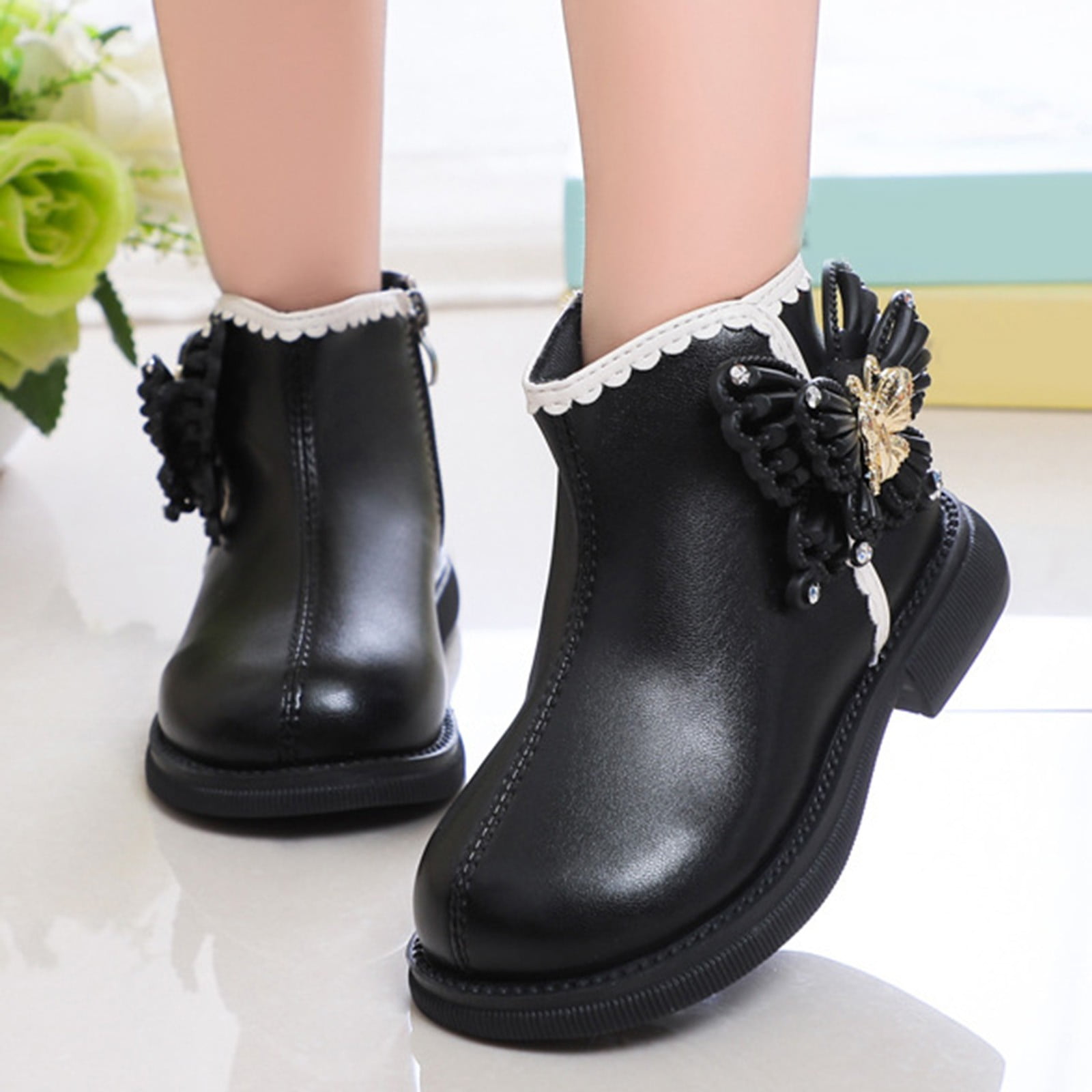 Toddler Girl Boots Autumn and Winter New Children s Single Boot Butterfly Short Boots Girls Leather Boots Plus Cotton Boots Girls Boots Size 5.5 6