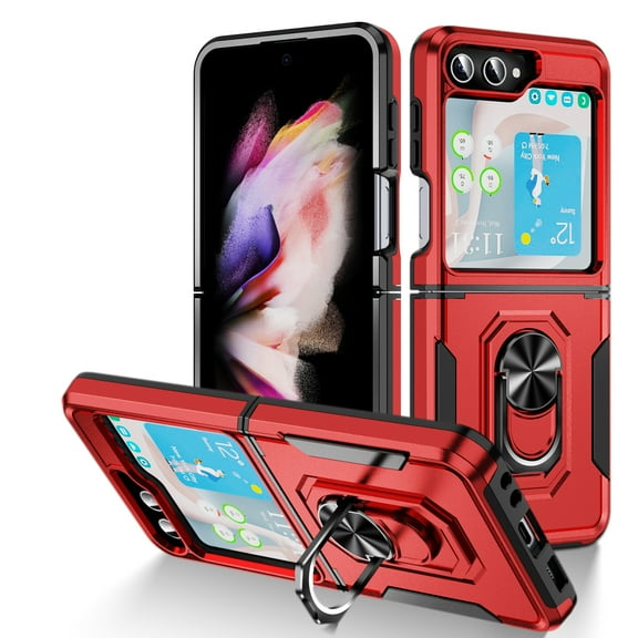 for Samsung Galaxy Z Flip 5 Case, Slim Fit Military Grade Drop Tested Dual Layer Shockproof Case with 360 Ring Holder Kickstand Protective Rugged Car Magnetic Non-Slip Phone Case,Red Black