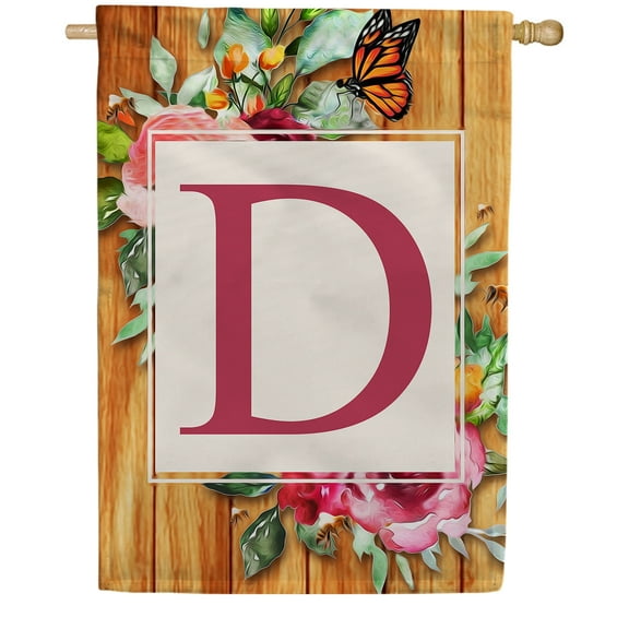 America Forever Spring Monogram House Flag Letter D 28 x 40 inches Double Sided Vertical Outdoor, Yard, Lawn, Seasonal Decorative Flowers Bees and Butterflies Summer House Flag