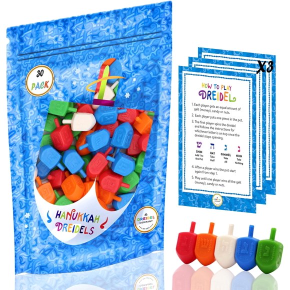 Hanukkah Dreidels Bulk Pack Multi-Color Plastic Draydels - Includes 3 Dreidel Game Instruction Cards (30-Pack)