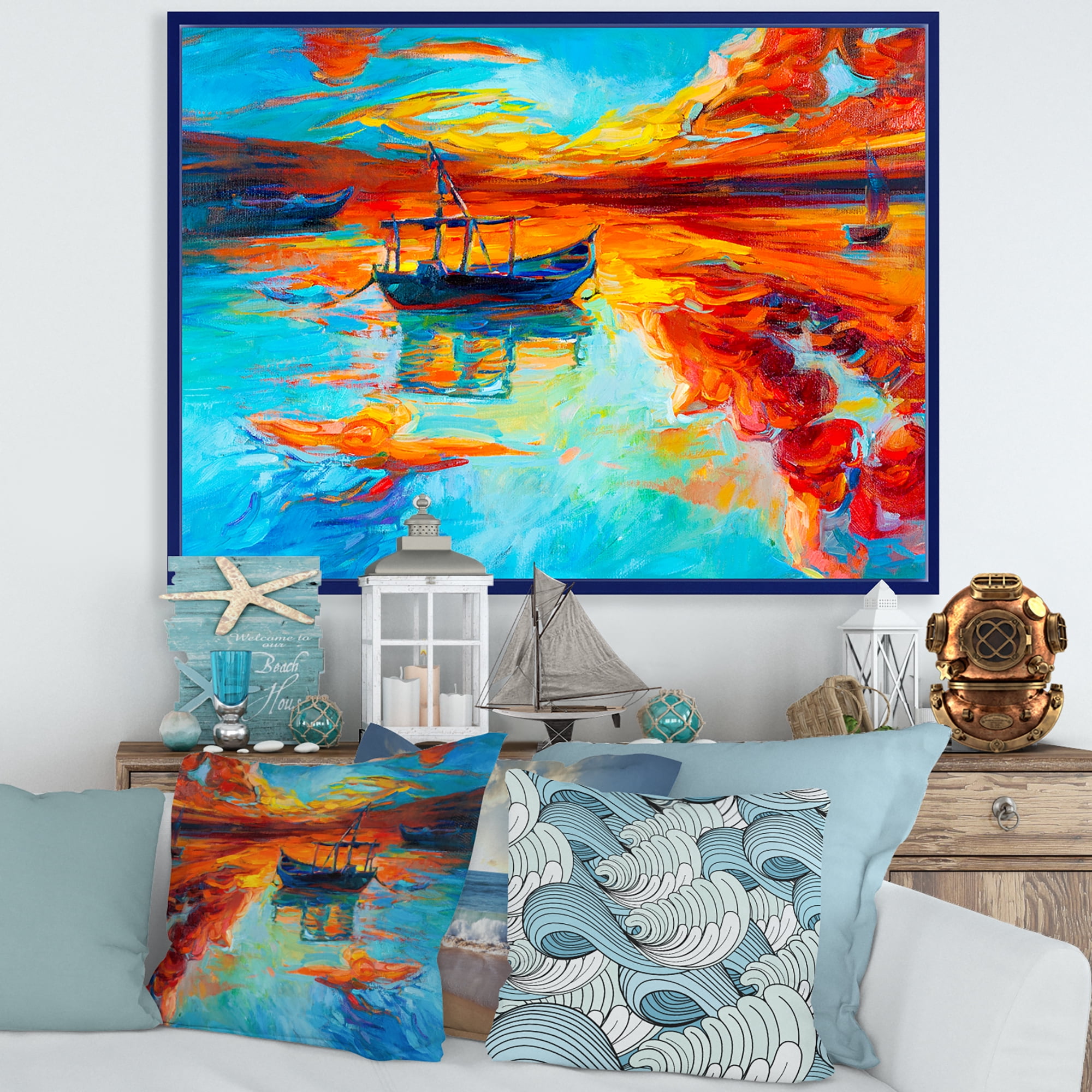 Designart 'Boat At The Lake During Evening Glow IV' Nautical & Coastal Framed Canvas Wall Art Print