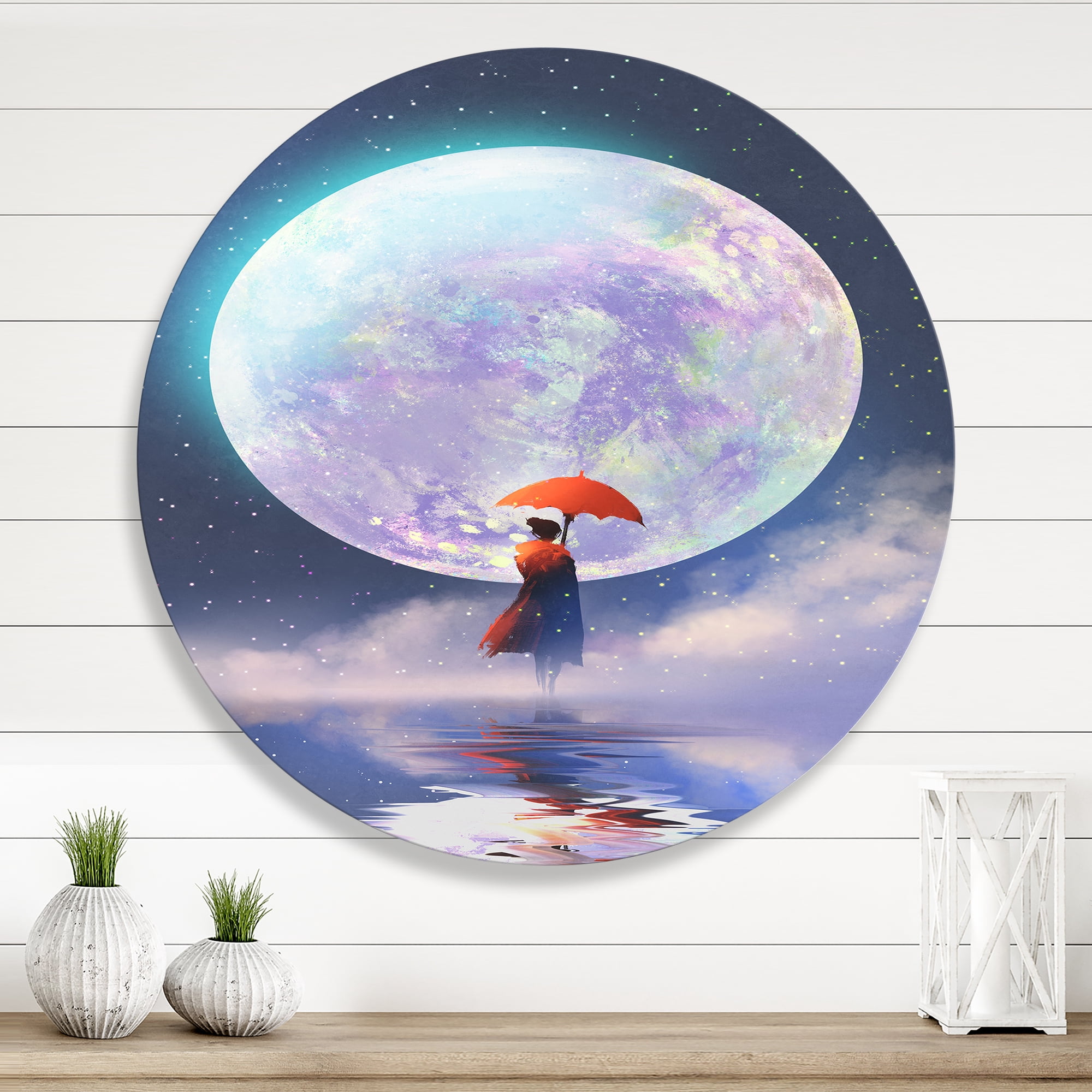 Designart 'Girl With Umbrella Standing On Water Against Moon' Traditional Circle Metal Wall Art 11x11 - Disc of 11