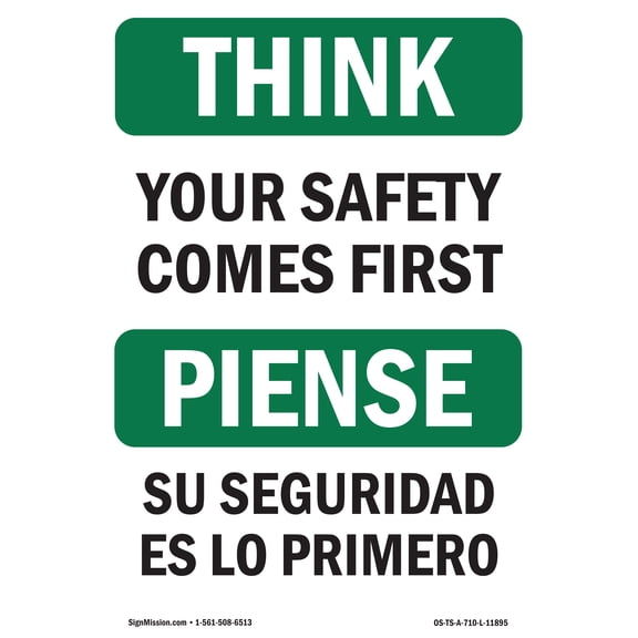 OSHA THINK Sign - Your Safety Comes First Bilingual | Aluminum Sign | Protect Your Business, Construction Site, Warehouse & Shop Area | Made in the USA