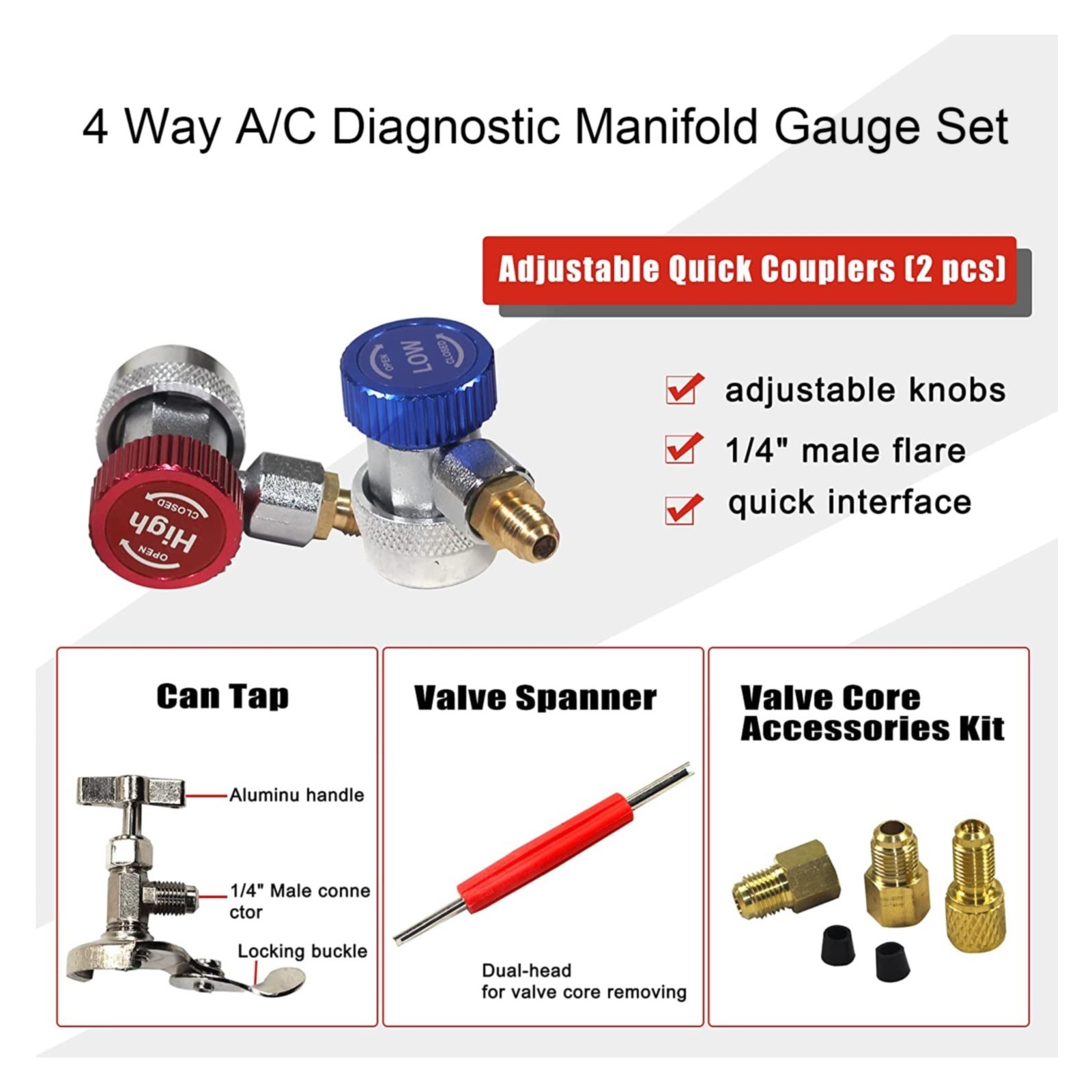 4 Way AC Manifold Gauge Set HVAC Diagnostic Freon Charging Tool For Auto Household R134A R22 R410A 5FT Hose Quick Coupler