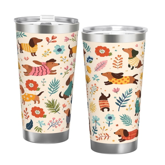 20oz Cute Dachshund Floral Car Tumbler Insulated Travel Cup with Handle and Straw Lid Gift with Double Silver Rim