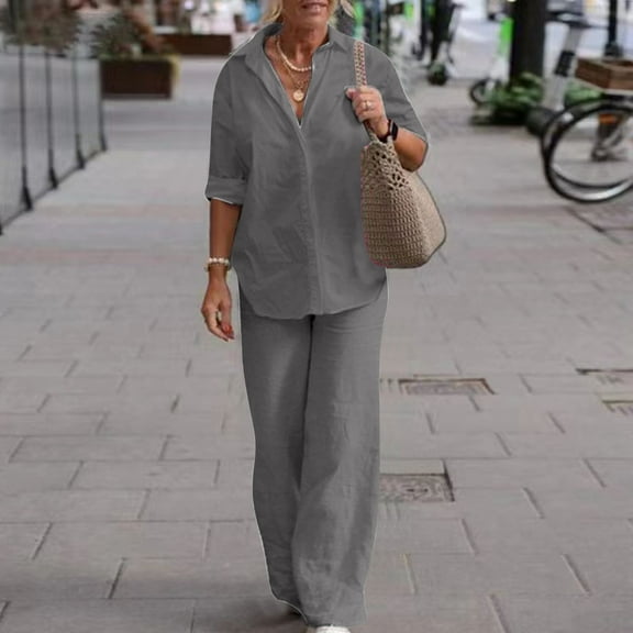 Women Sets 2 Piece Outfits Fashion Round Neck Solid Long Sleeve Blouse +Loose Pockets Pants Sets Up to 65% off