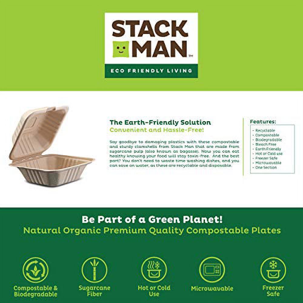 Stack Man-BG-60HT1K 100% Compostable Clamshell Take Out Food Containers  [6x6 50-Pack] Heavy-Duty Quality to go Containers, Natural Disposable  Bagasse, Eco-Friendly Biodegradable Made of Sugar Cane Fi 