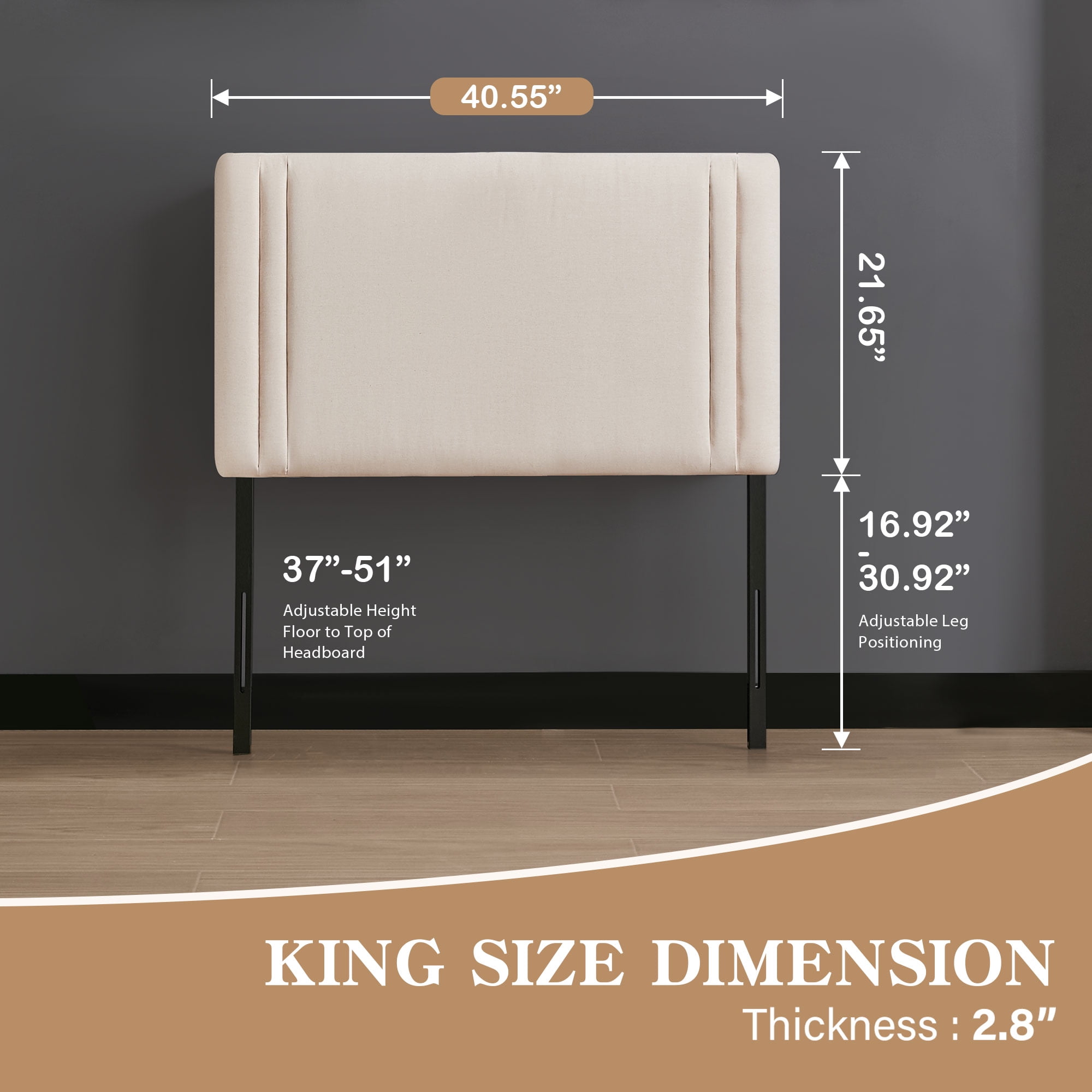 JONPONY Upholstered Twin Headboard,Solid Wood Head Board with Linen Fabric,Adjustable Height Headboard from 37" to 51",Bed Frame Adapters,Headboard Only,Beige