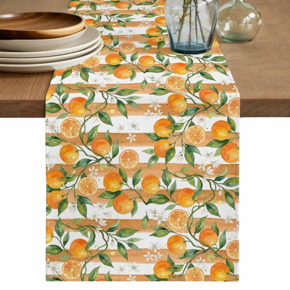Orange Table Runner 90 Inches, Green Botanical Striped Summer Fruits Bed Runner Dresser Scarves Tabletop for Indoor Outdoor Parties/Ceremony/Banquet, 13" x 90"