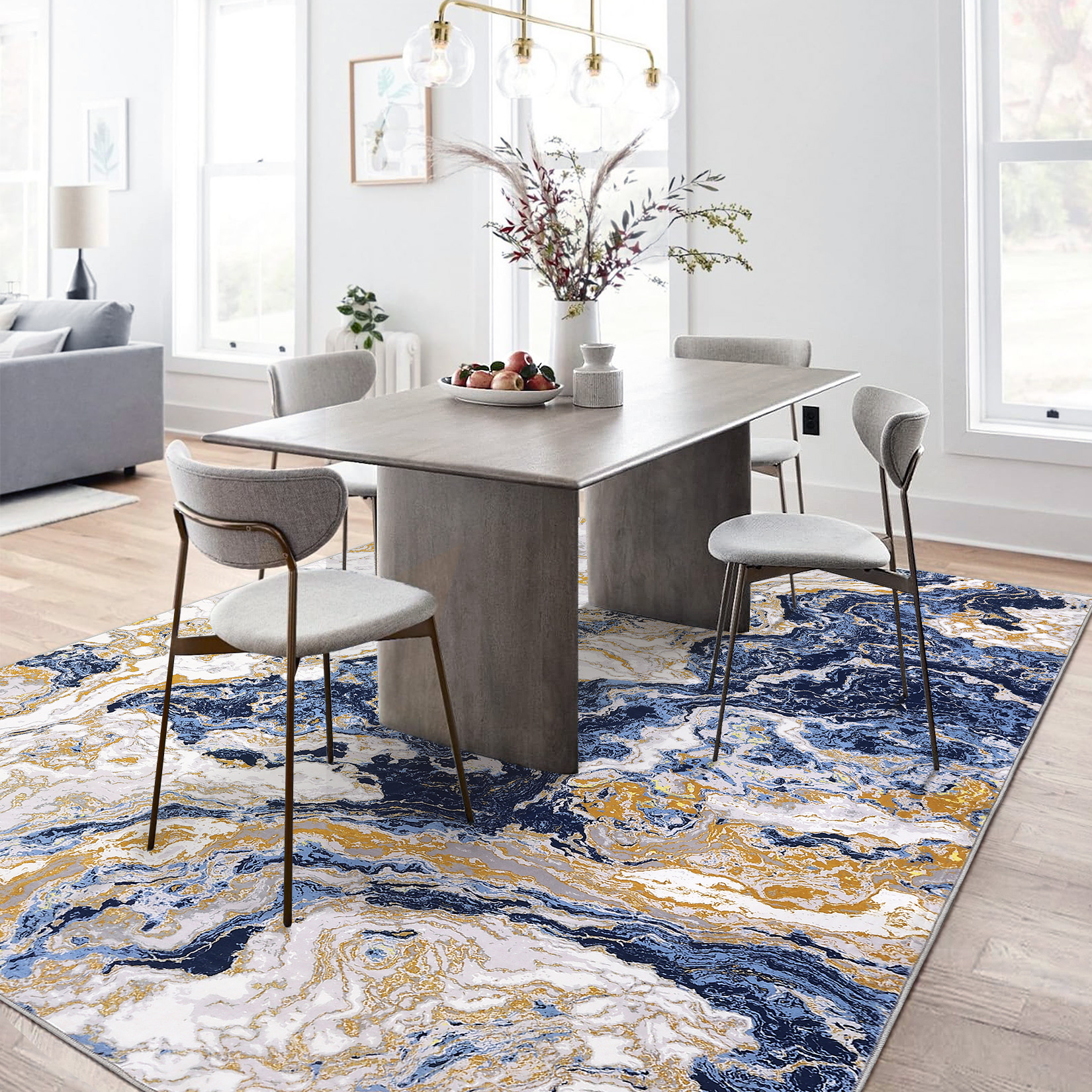 JoanKaren Modern Marble 4'x6' Area Rug,Washable Boho Abstract Marble Pattern,Ideal for High Traffic Areas in Living Room,Kitchen,Dining,Blue