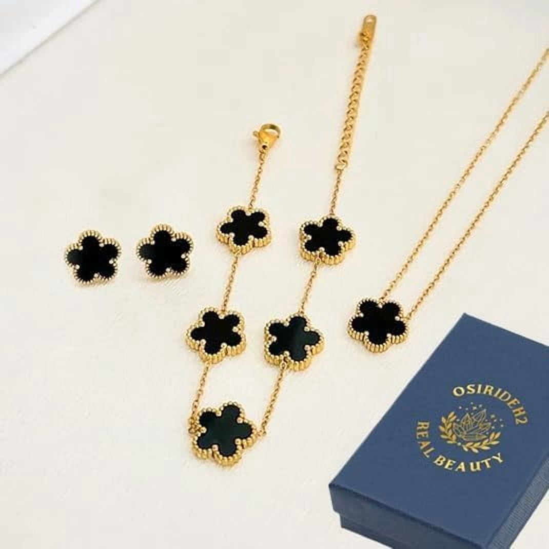 Clover Jewelry Set 18K Gold Plated Stainless Steel Necklace with Flower Design Four leaf clover for Women, Elegant Four Leaf Clover Necklace Floral Style Jewelry