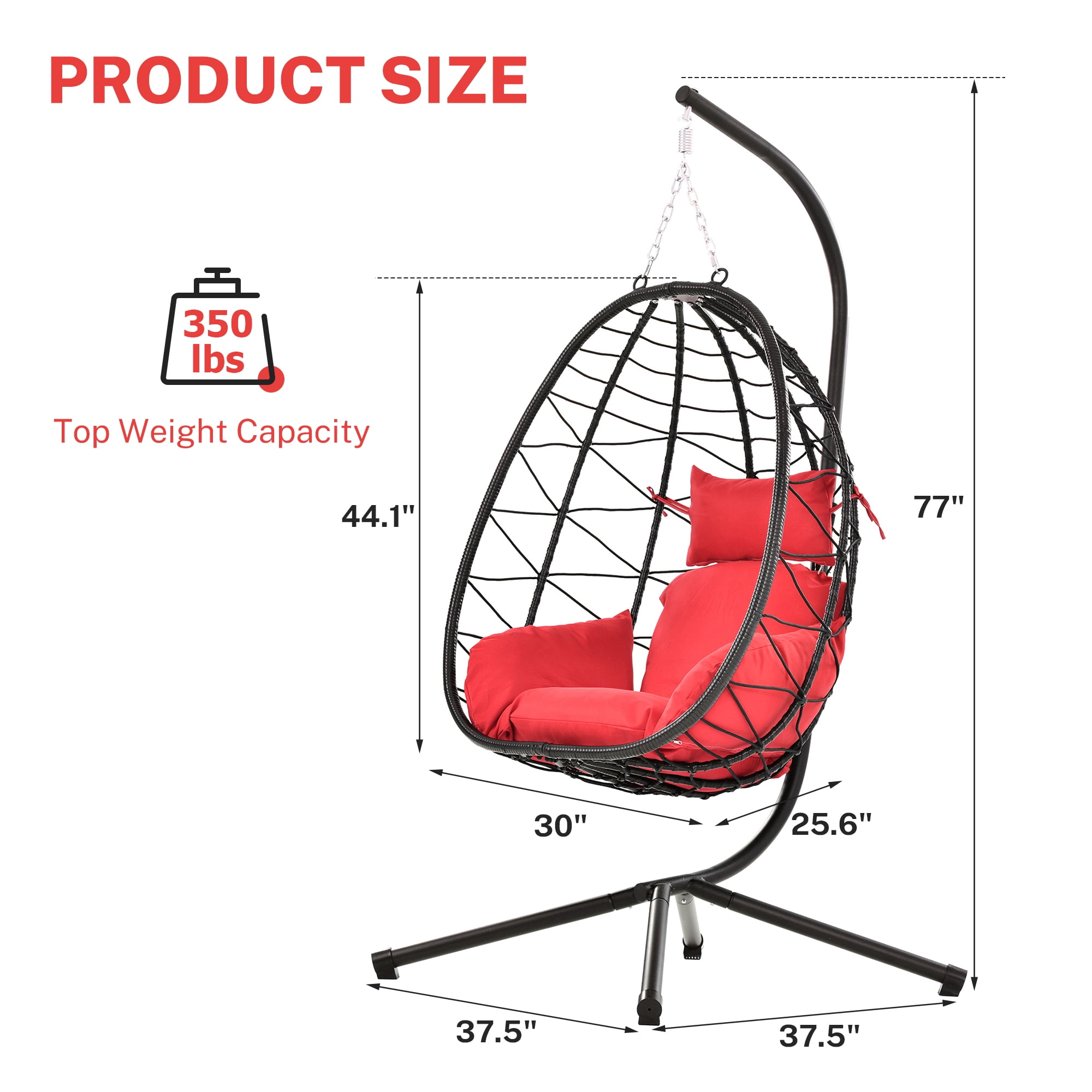 Hanging Hammock Chair, Wicker Egg Chair with Comfortable Seat and Back Cushion, 350LBS Capacity Egg Chair w/Stand, Durable All-Weather UV Rattan Lounge Chair for Patio, Deck, Yard, Garden, Red, SS1955