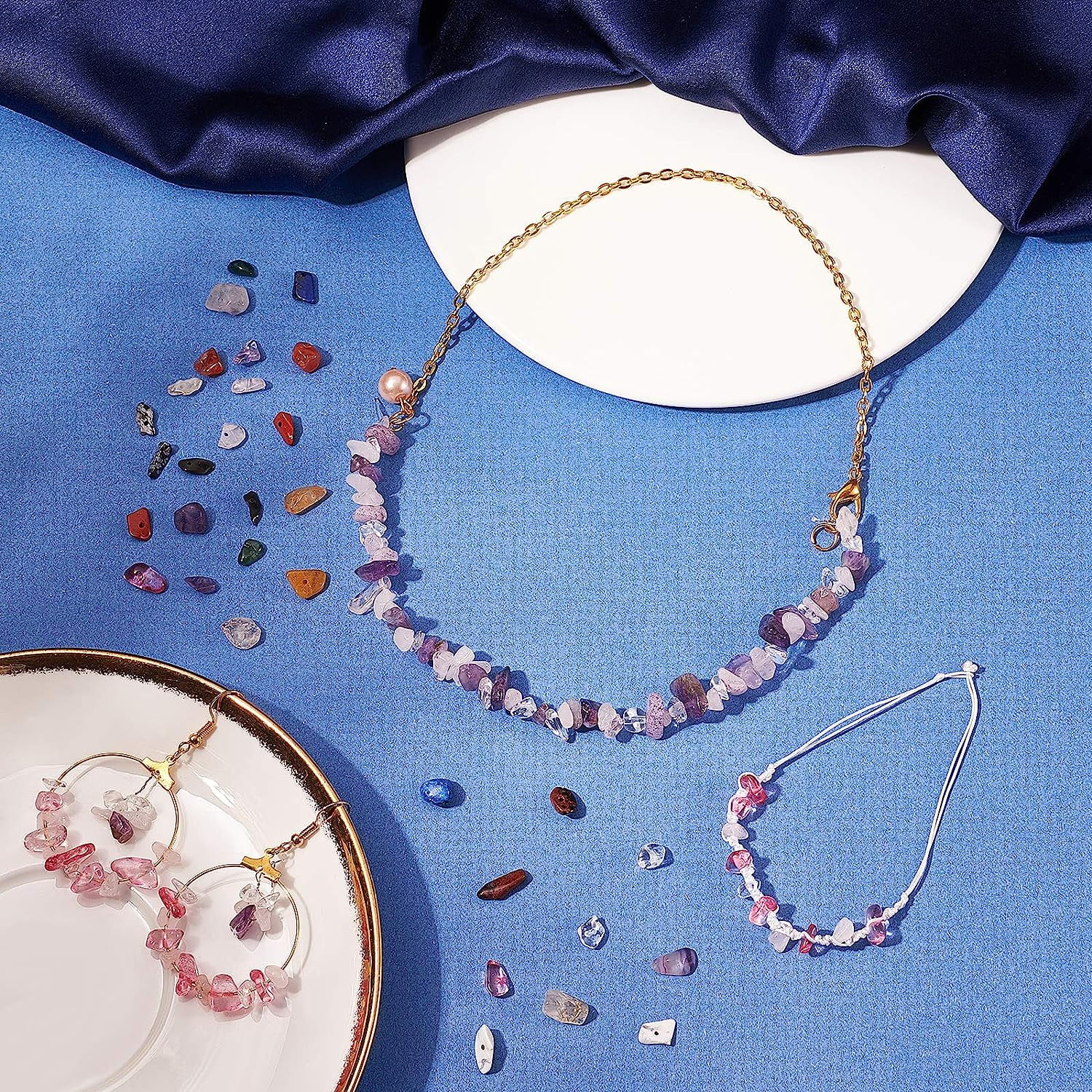 DIY Jewelry Set with Gemstone Chip Beads Alloy Beads & Pendants Iron Earring Hooks & Pins Elastic Crystal Thread Iron Tweezers 30x18mm