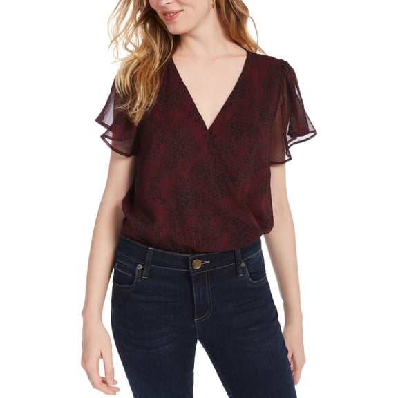 Ash & Violet Womens Burgundy Snap Closure Flutter Sleeve Printed V Neck Body Suit Top S