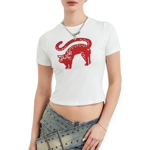 Gupgi T-Shirts Blancs pour Femmes Manches Courtes Imprimé Chat Crop Tops Été T-Shirts pour Adolescentes