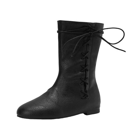 GHSOHS Boots for Women Square Toe Boots Ankle Booties Shoes Western Boots Lace Up Boots Comfortable Leather Flat Heel Short Booties Round Toe Soft Sole Ankle Boots Fall Outdoor Walking Shoes Size 35