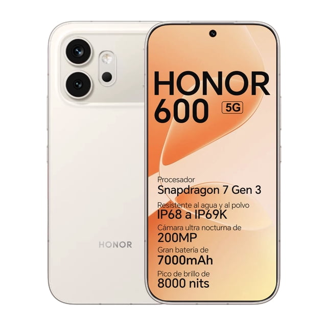 Teléfono HONOR 600 5G 16GB(8+8) 256GB ROM Cámara 200MP Pantalla AMOLED 120Hz Batería 7000mAh, eSIM, Dorado Platino(Versión Mexicana)