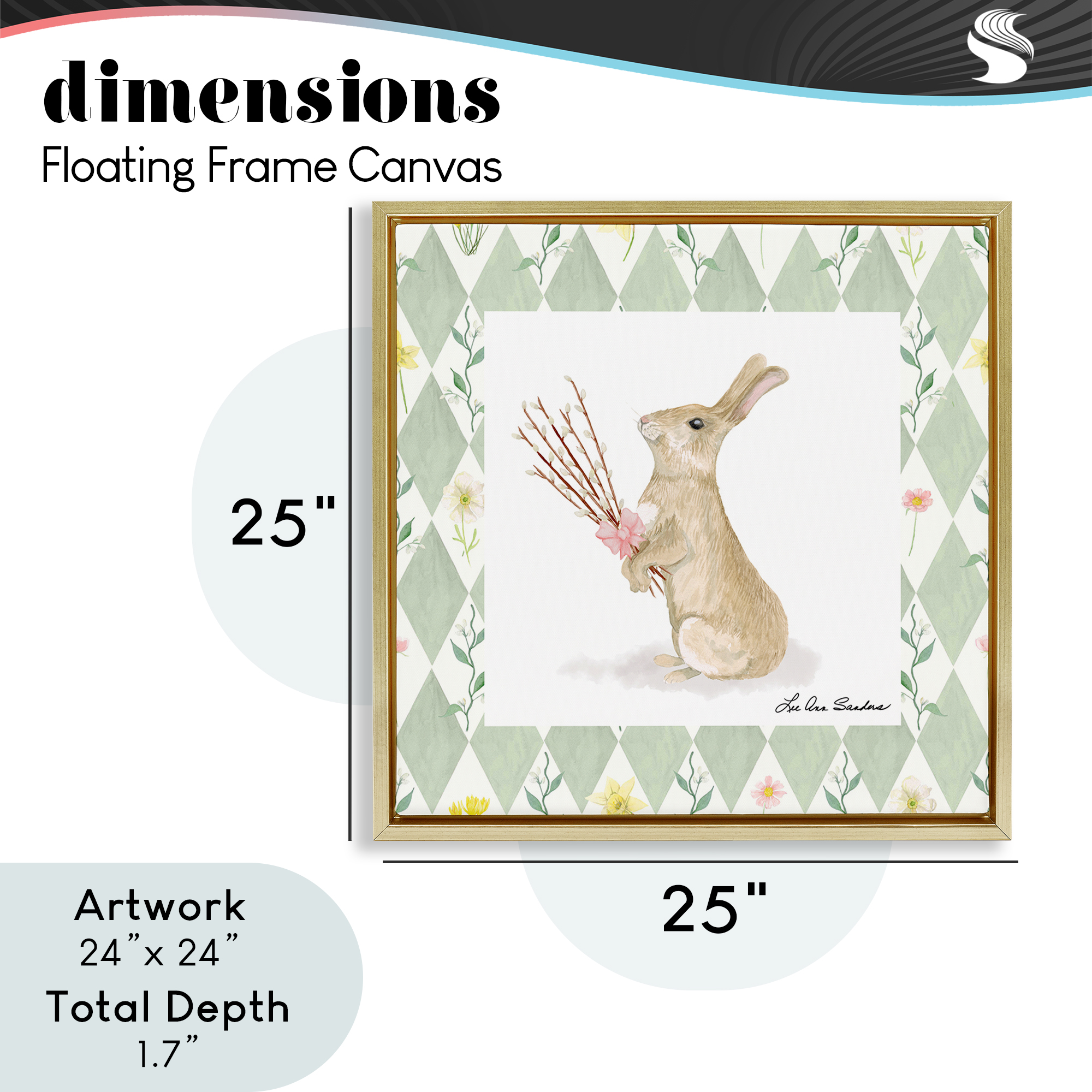 Bouquet Bunny on Green Argyle Gold Framed Floater Canvas Wall Art, design by Lee Ann Sanders