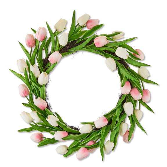 Artificial Tulip Wreath, Pink and Cream, 21", Easter Spring Decorations, Faux Floral Wreath for Front Door, Easter Porch Decor, Wall Hanging by JEWLALO