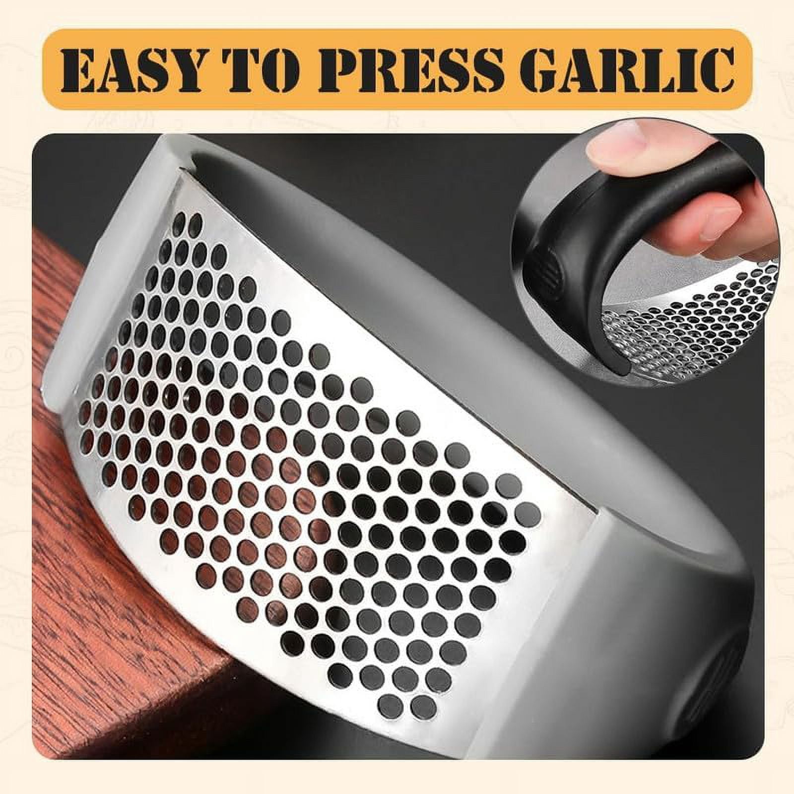 Stainless Steel Garlic Press, 2024 New Garlic Press Rocker Crusher Masher with Garlic Peeling Drum, Portable Manual Heavy Duty Garlic Mincer, Garlic