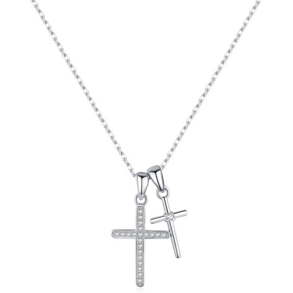 Double Cross Pendant Necklace for Women 925 Sterling Silver Choker Rhinestone Cross Adjustable Link Chain Christmas Stacking Necklaces Jewelry