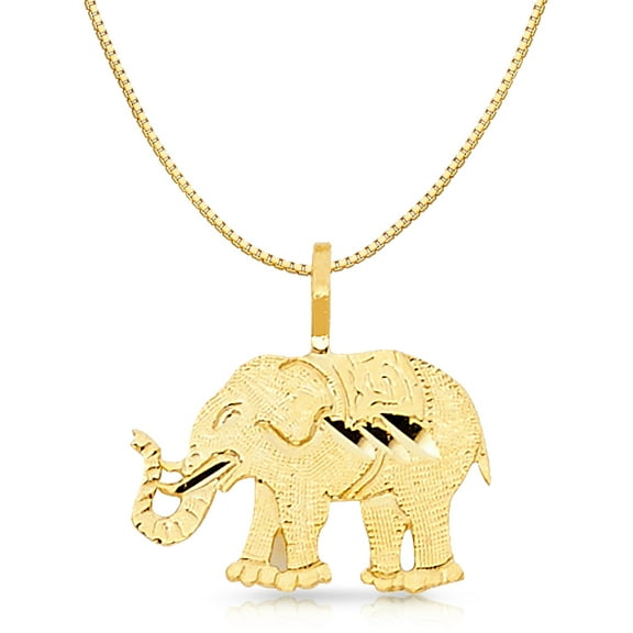 14K Yellow Gold Elephant Charm Pendant with 0.8mm Box Chain Necklace