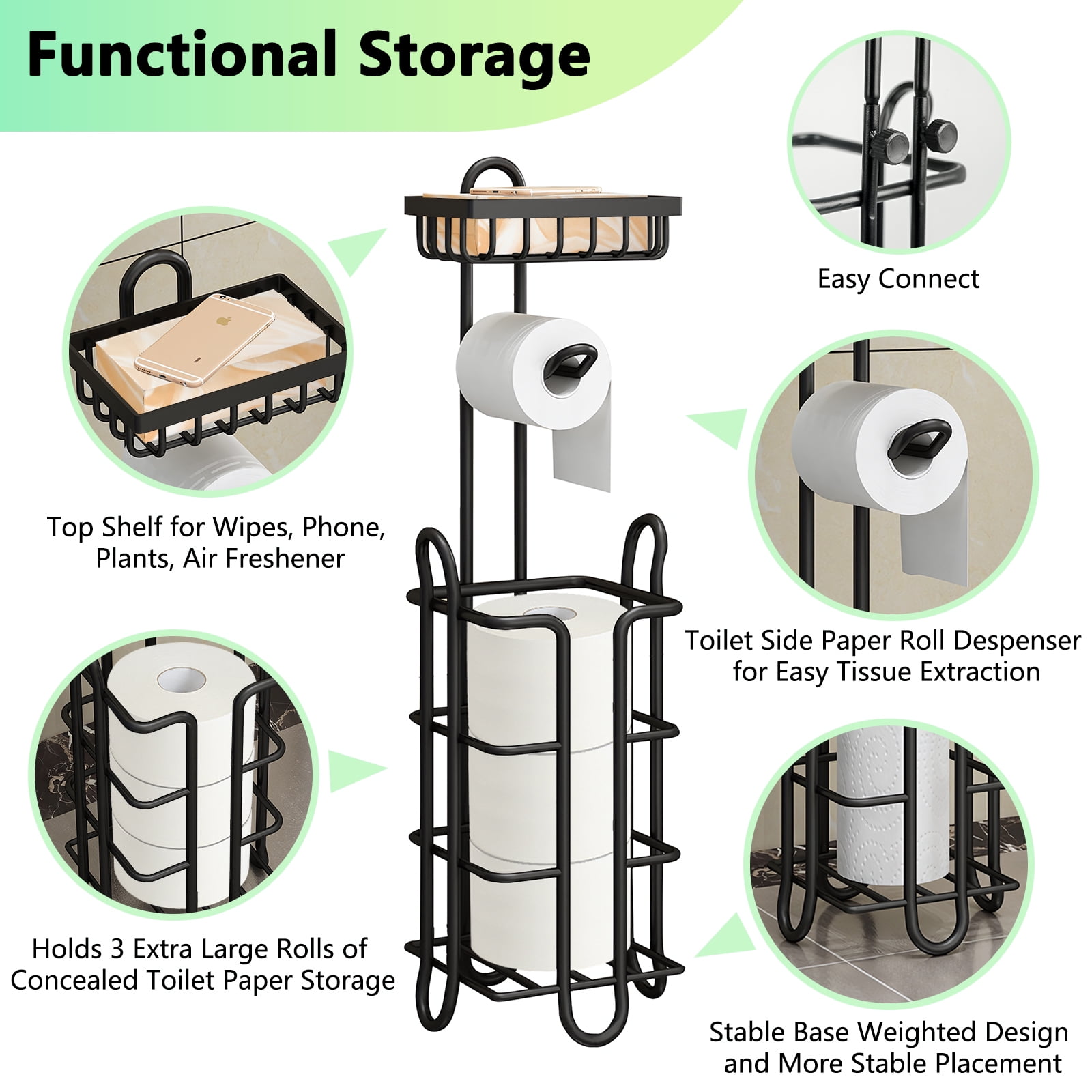 Yoneston 2 Pcs Toilet Paper Holder with Large Top Shelf Heavy Duty Bathroom Freestanding Toilet Paper Roll Stand, Iron Black