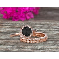 10k Rose Gold 2.25 Carat Round Cut Black Diamond Moissanite Engagement Rings With Two Matching Wedding Band Diamonds Halo Design Art Deco