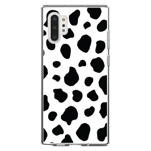 DistinctInk Clear Shockproof Hybrid Case for Galaxy Note 10 PLUS (6.8" Screen) - TPU Bumper, Acrylic Back, Tempered Glass Screen Protector - Black White Cow Dalmatian Spots - Animal Print